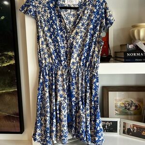Blue Floral Drawstring V-Neck Summer Dress